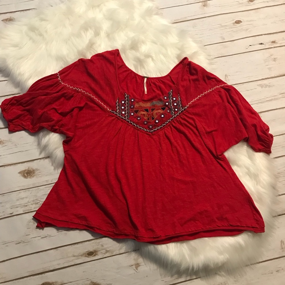 Free People Red Embroidery Top